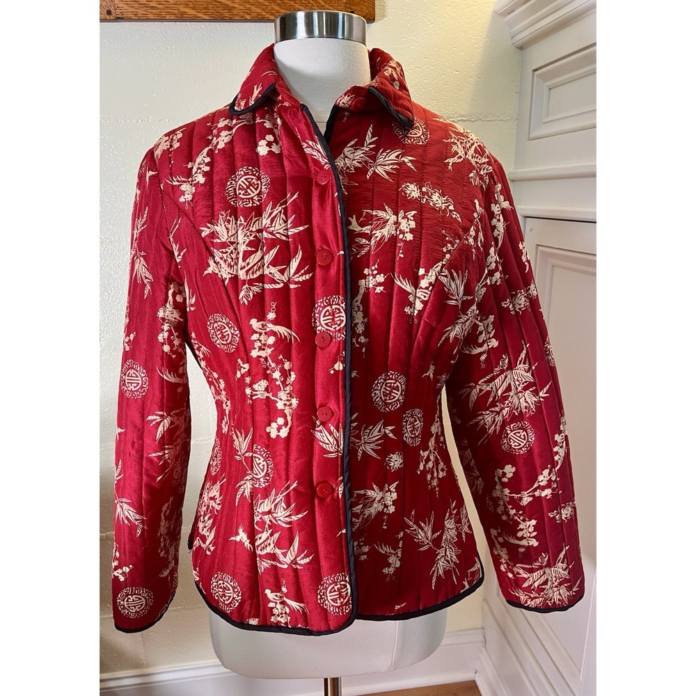 Carole Little S Asian Motif Red Silk Quilted Lightweight Button-Front‎ Jacket